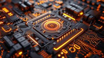 A close-up view of a futuristic circuit board with glowing orange elements. photo