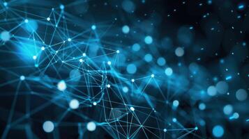Abstract digital network with glowing blue nodes and connections on a dark background. photo