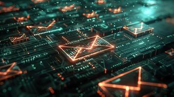Digital representation of email communication on a circuit board background. photo