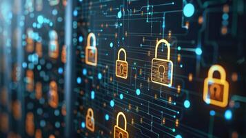 Digital illustration of padlocks and circuit patterns, symbolizing cybersecurity and protection. photo