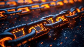 A close-up of glowing digital chains symbolizing blockchain technology. photo