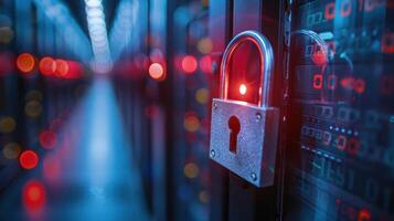 A padlock secured on a data server, symbolizing cybersecurity and data protection. photo