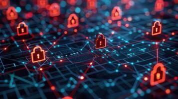 Digital network with security locks symbolizing cybersecurity and data protection. photo