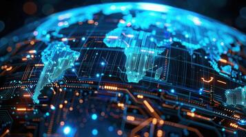 A digital globe showcasing interconnected continents with glowing circuitry. photo
