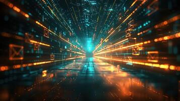 A futuristic digital tunnel with glowing lines and icons representing data flow. photo