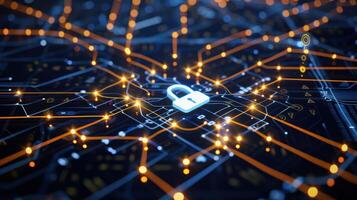 Digital network with a padlock symbolizing cybersecurity and data protection. photo