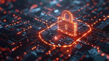 Digital lock symbolizing cybersecurity on a circuit board background. photo