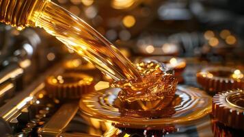 Viscous liquid being poured into mechanical gears, highlighting industrial processes. photo