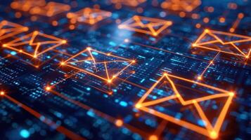 Digital representation of email communication with glowing icons and circuit patterns. photo