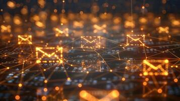 Abstract representation of digital communication with glowing email icons and connections. photo