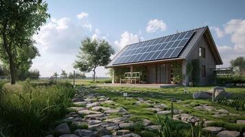 A modern eco-friendly house with solar panels surrounded by greenery and stones. photo
