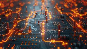 A close-up view of a circuit board with glowing connections, showcasing technology design. photo