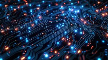 A close-up view of a circuit board with glowing lights, illustrating technology and connectivity. photo