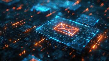 A digital representation of an email symbol amidst a network of glowing circuits. photo