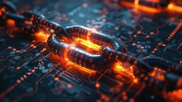 A close-up of glowing chains on a circuit board, symbolizing blockchain technology. photo