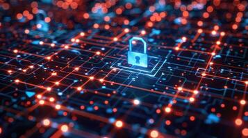 A digital lock symbol amidst a network of glowing connections, representing cybersecurity. photo