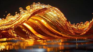 A close-up of a shimmering, golden liquid wave, capturing movement and fluidity. photo