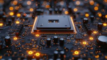 Close-up of a circuit board with a glowing processor, showcasing technology and innovation. photo
