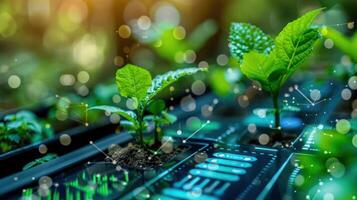 A close-up of seedlings growing in a digital environment, symbolizing technology and nature. photo
