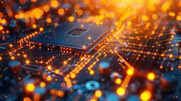 Close-up of a microchip on a circuit board with glowing connections. photo
