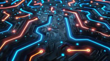 A close-up view of a circuit board design with illuminated pathways in blue and orange. photo