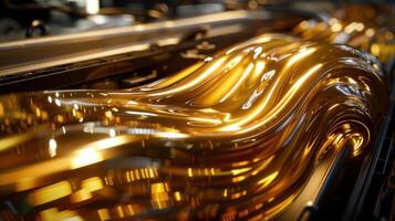 A close-up of shiny, flowing liquid metal, showcasing fluid dynamics and reflections. photo