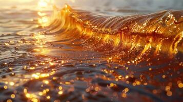 A close-up view of a shimmering, golden wave reflecting sunlight. photo