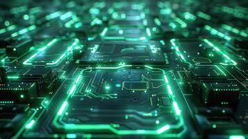 A close-up view of a futuristic circuit board with glowing green elements. photo