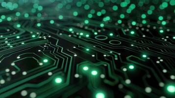 Close-up of a circuit board with glowing green elements, representing technology and innovation. photo