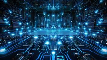 Futuristic digital environment with glowing circuits and technology elements. photo
