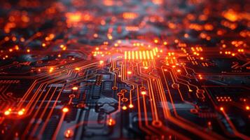 A close-up view of a circuit board with glowing elements, representing technology and innovation. photo