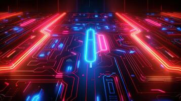 A vibrant, futuristic digital landscape with neon circuits and glowing lines. photo