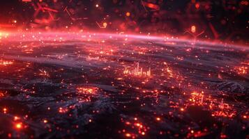A digital representation of a glowing cityscape at night, surrounded by a cosmic atmosphere. photo