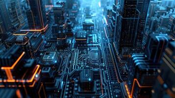 A futuristic cityscape resembling a circuit board with glowing elements. photo