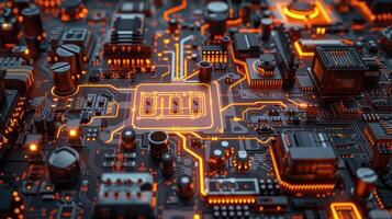 A close-up view of a circuit board with glowing components and intricate connections. photo