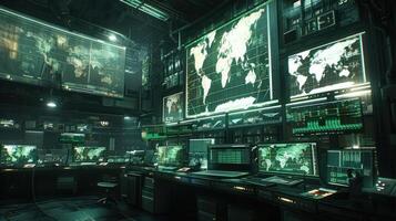 High-tech control room with multiple screens displaying global data and maps. photo