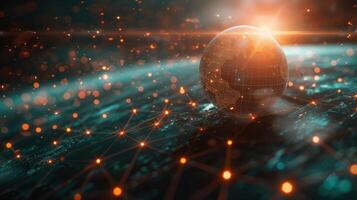 A digital representation of Earth with a network overlay, symbolizing connectivity and technology. photo