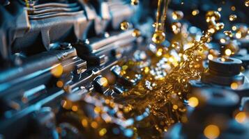 Close-up of an engine with oil splashing, showcasing mechanical components. photo