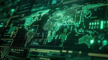 A digital world map with data overlays, showcasing technology and global information. photo