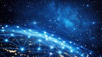 A digital representation of global connectivity over Earth, showcasing network lines in space. photo