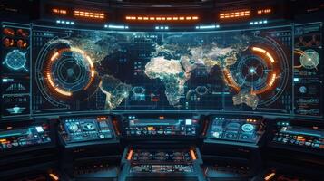 Futuristic control room displaying a global map with data overlays and monitoring systems. photo