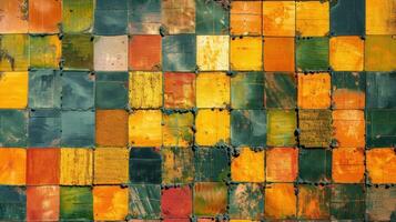 A vibrant array of painted squares in various shades of green and orange. photo