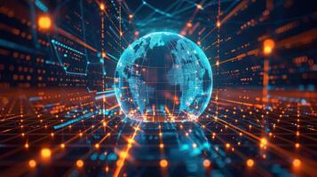 A digital representation of a globe surrounded by data streams and connections. photo