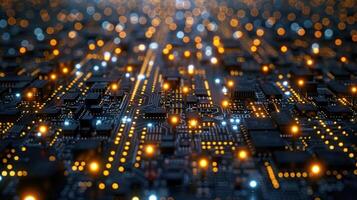 A close-up view of a circuit board with glowing lights and intricate electronic components. photo