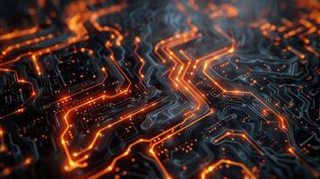 Abstract circuit board design with glowing lines and nodes, representing technology and connectivity. photo