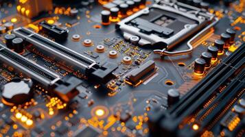 Close-up of a circuit board with glowing components, showcasing technology and design. photo