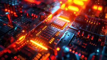 A close-up view of a circuit board with glowing components, showcasing technology and design. photo