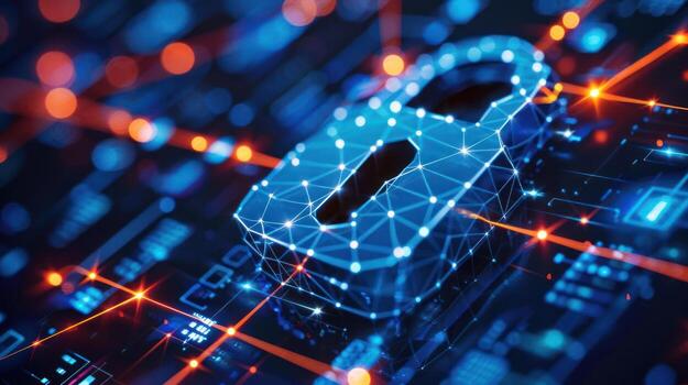 digital bloquear simbolizando la seguridad cibernética en un de temática tecnológica antecedentes. foto