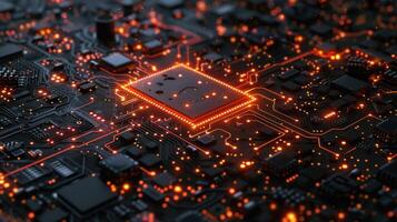 A close-up view of a circuit board with glowing components, showcasing technology and design. photo