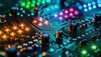 A close-up of a colorful circuit board with glowing lights and electronic components. photo